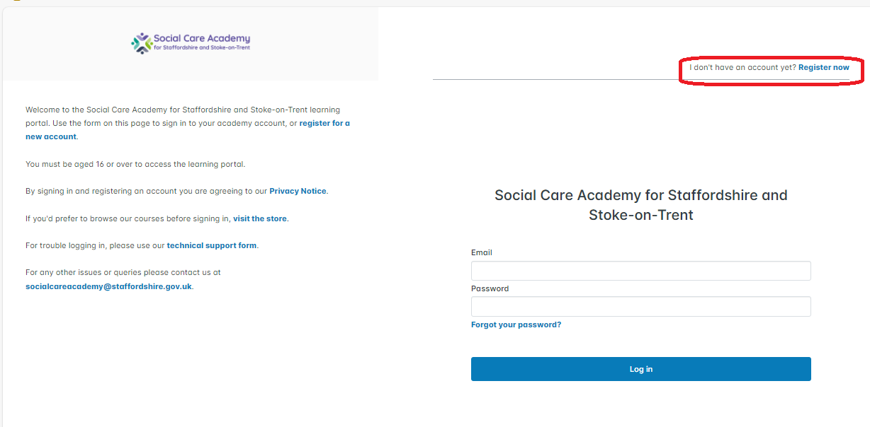 Register now button, located at the top-right of the learning portal homepage.