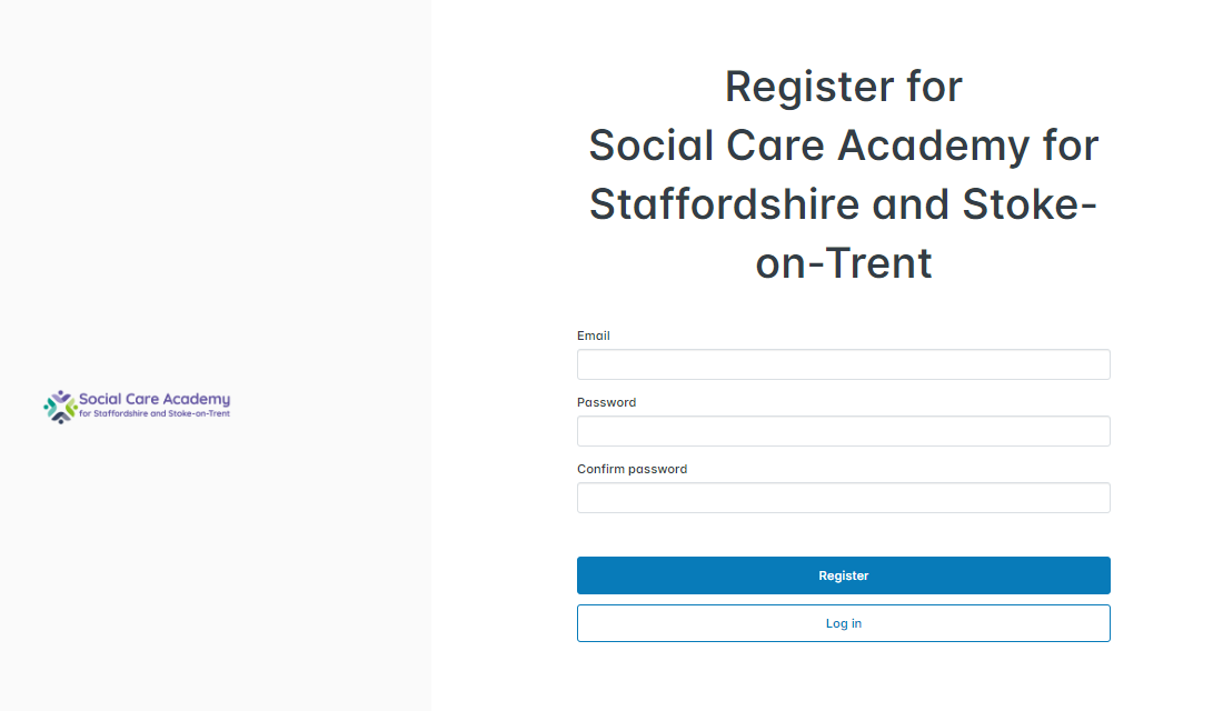 Account registration screen on the learning portal, with fields to enter desired e-mail address and password to be associated with the account.