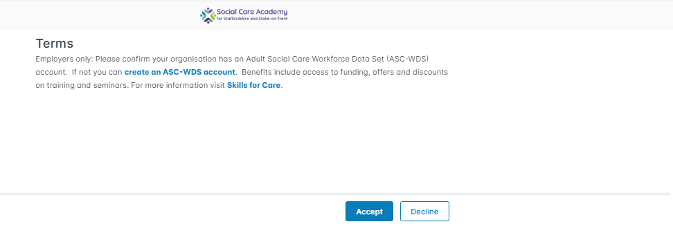 The terms and conditions of the learning portal, with an Accept or Decline button.