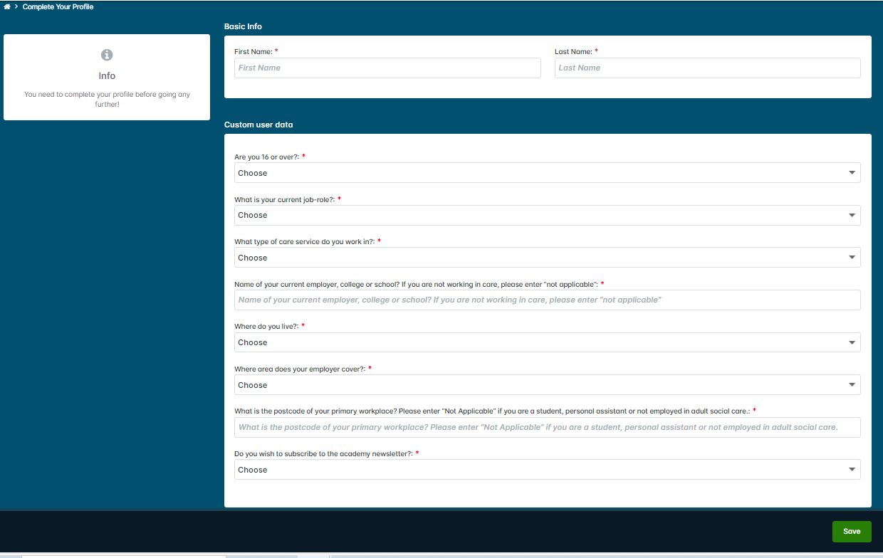 The profile registration options, with a Save button in the bottom-right of the screen.