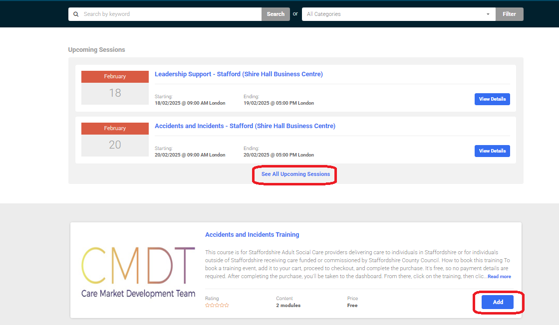 Accessing training from the store, by clicking "See All Upcoming Sessions" or "Add" on the training course.