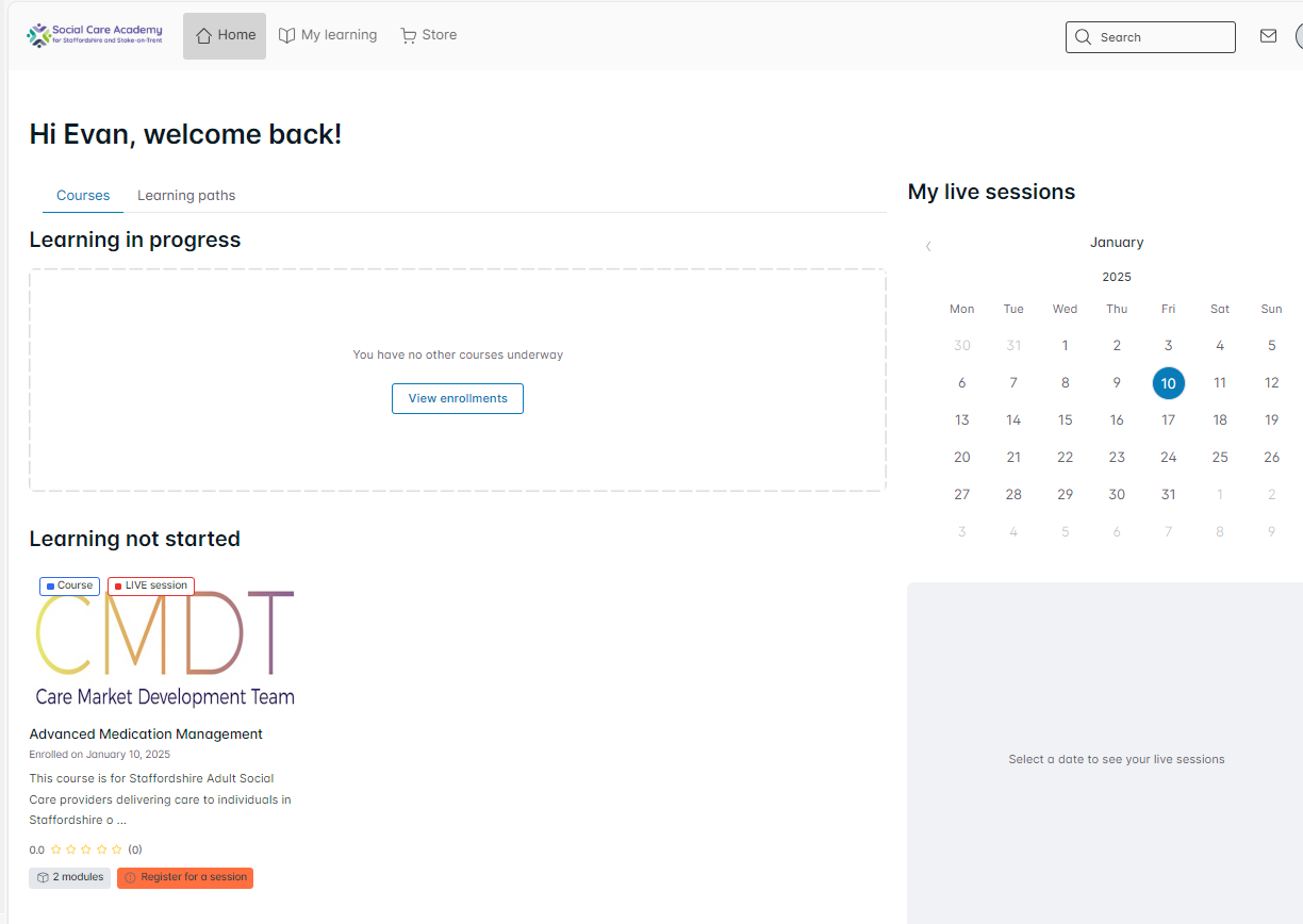 The portal dashboard, with the training you selected visible in the bottom left under "Learning no started"