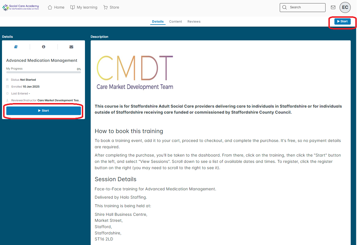 The course description of the training selected, with the "Start" buttons highlighted. These buttons are in the left-hand menu and in the top-right of the screen.