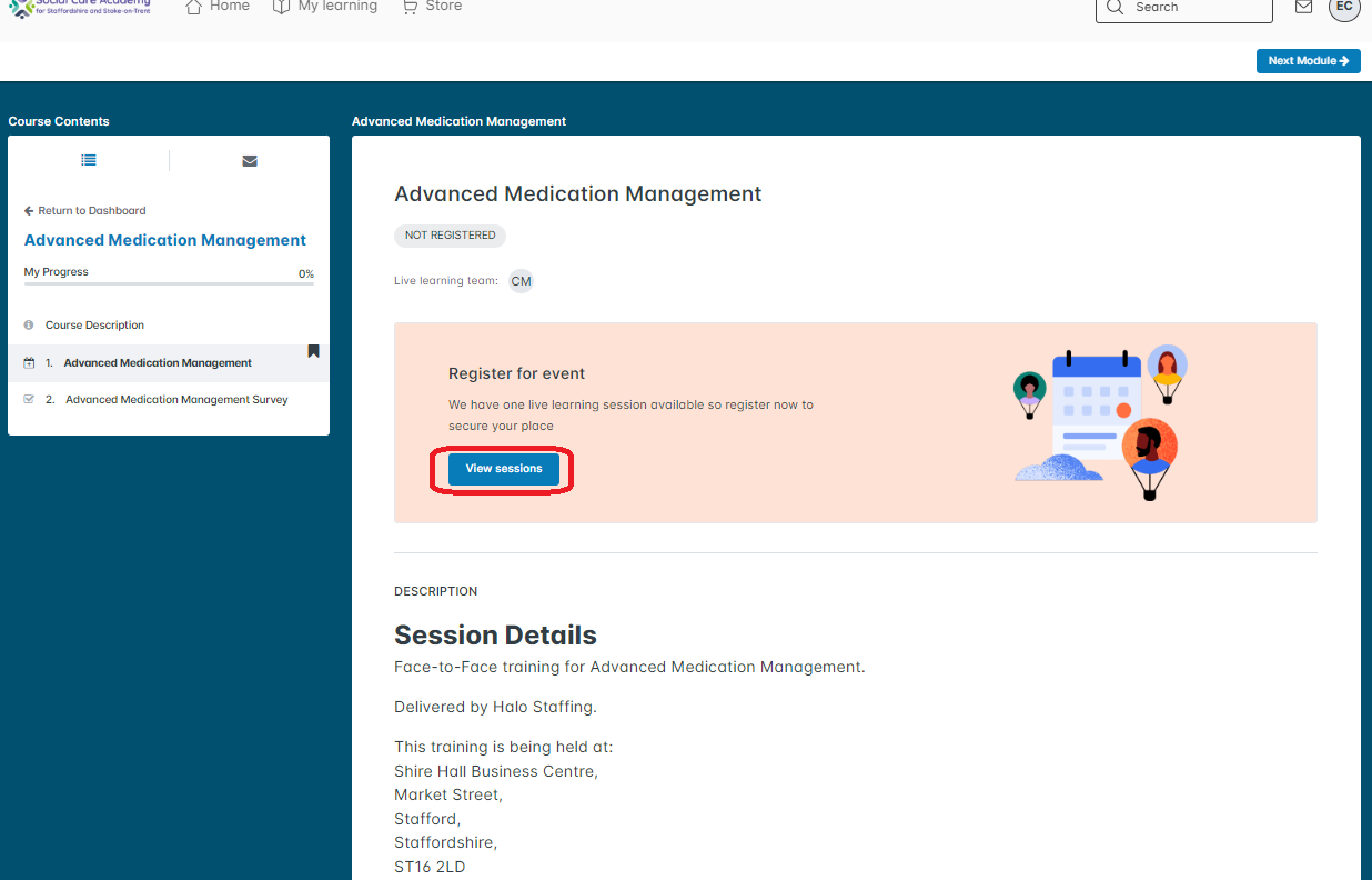 The training event details. The "View sessions" button has been highlighted, which is in the centre of the screen.